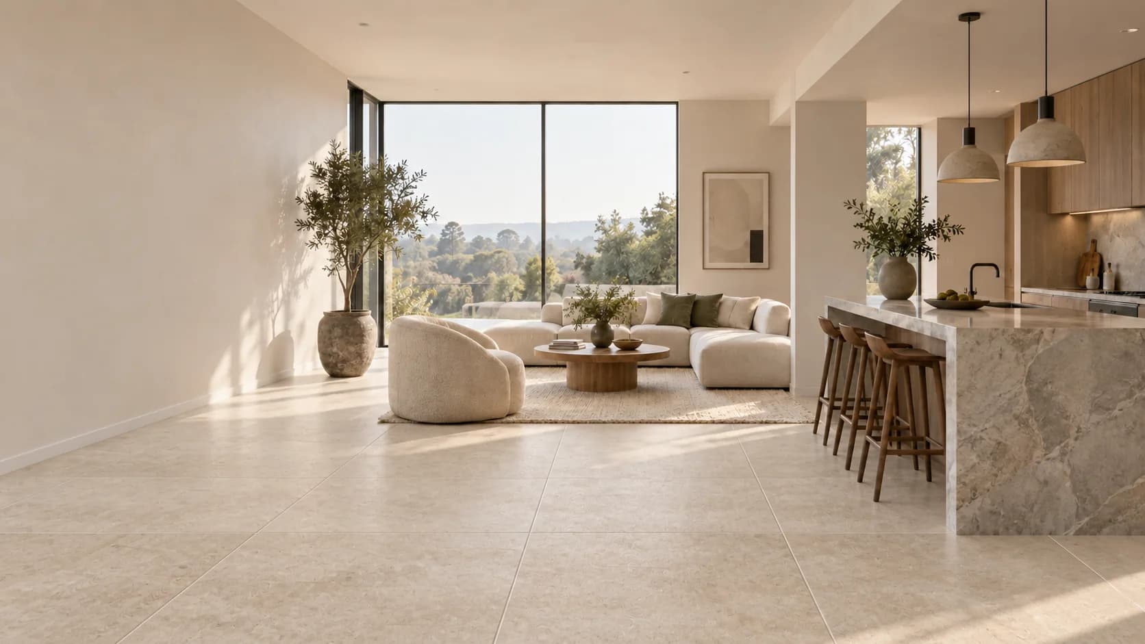 Contemporary room with light limestone flooring
